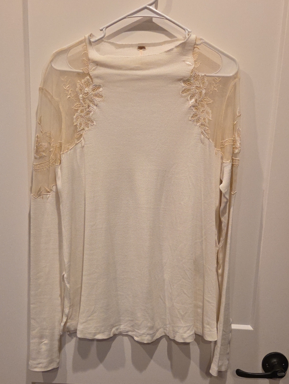 Free People Women's Cream Lace-Detail Long Sleeve Top
